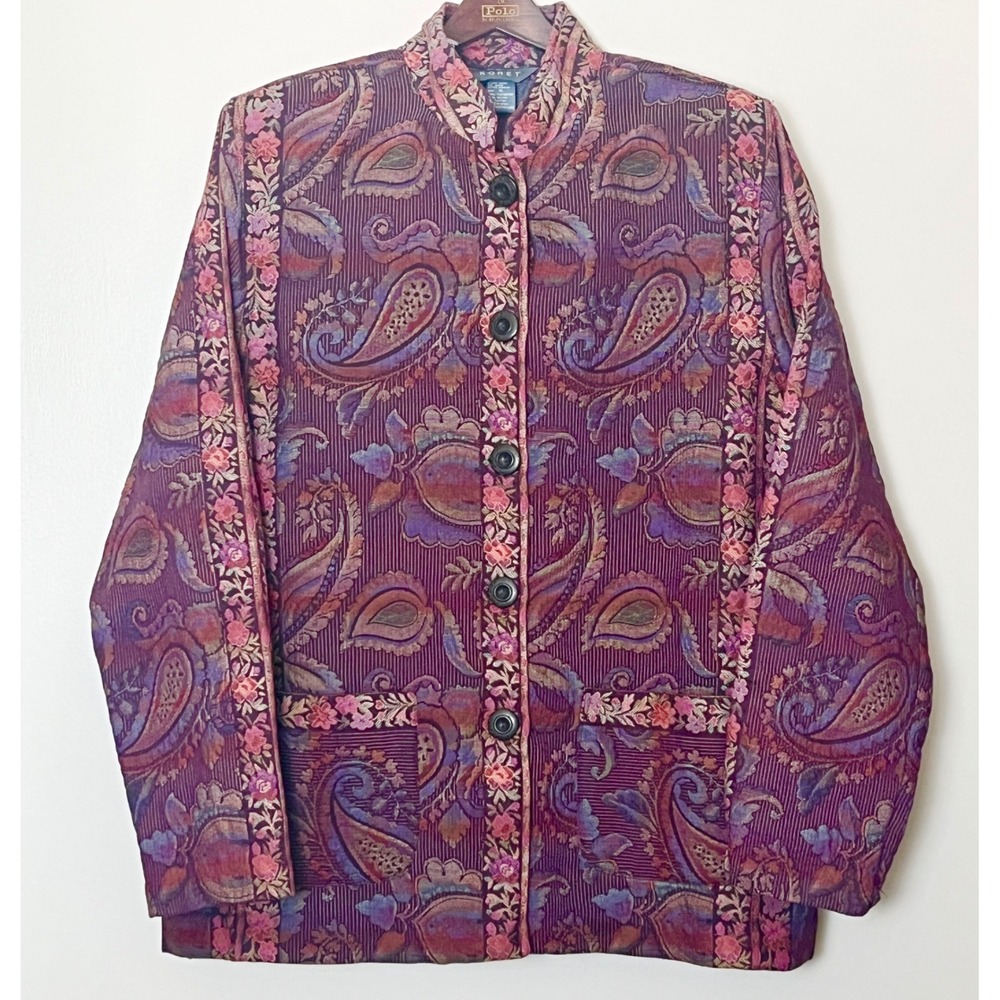 Koret Paisley Tapestry Jacket Womens XL Purple Mandarin Collar Button Front 90s